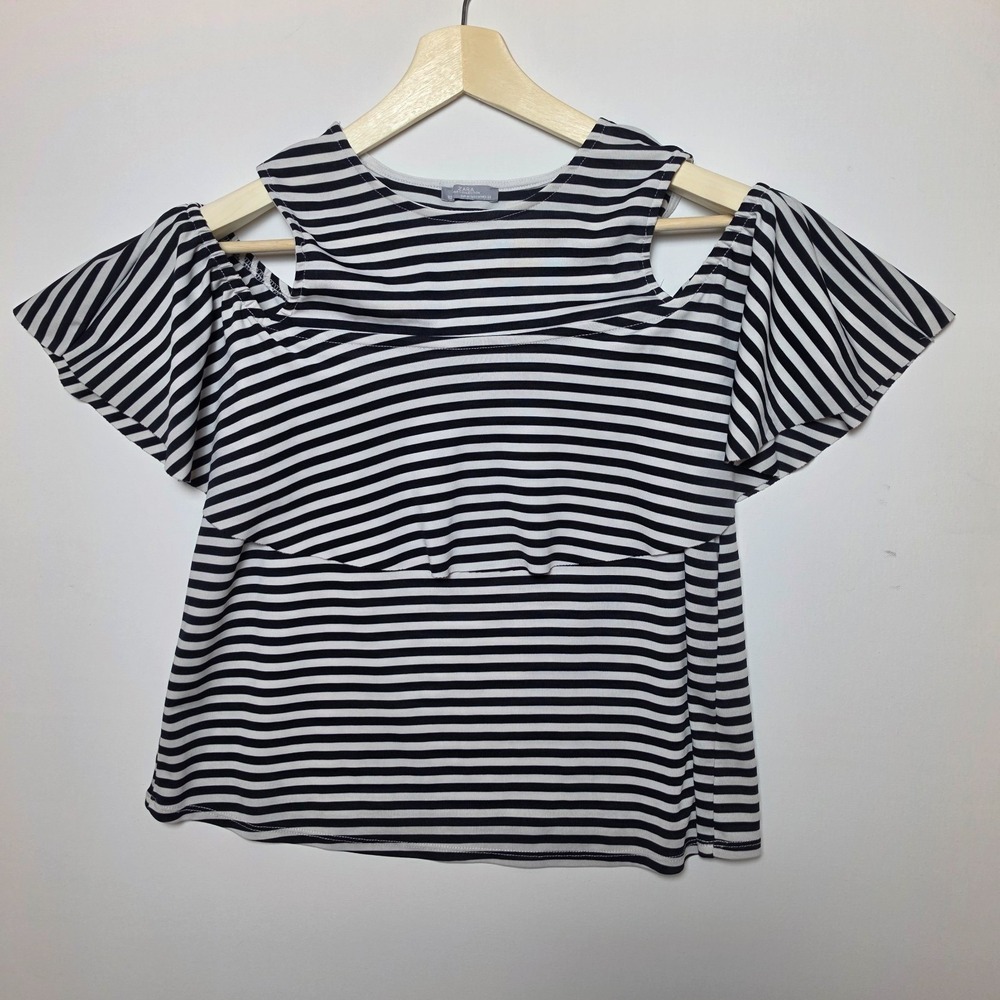 Zara Striped Cold Shoulder Ruffle Tiered Knit Top Navy Blue White Medium M